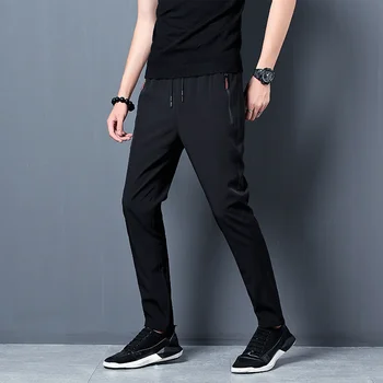 2023 Новые мужские Корейские модные Повседневные Летние Тонкие быстросохнущие прямые брюки из ледяного шелка, свободные Спортивные 9-точечные брюки для мальчиков