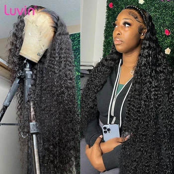 Luvin Deep Wave 30-40 дюймов 13x4 Прозрачные кружевные фронтальные парики из человеческих волос 250 плотности, бразильский парик Remy для чернокожих женщин