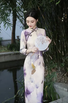 Yourqipao Осень Новая мода Китайский стиль Длинные Фиолетовые платья Чонсам с принтом Классические Элегантные Тонкие женские платья для выпускного вечера Hanfu
