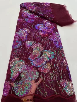 Африканская кружевная ткань из тюля с пайетками, 5 ярдов 2023, Высококачественное вышитое Французское сетчатое кружево, Нигерийское кружево для пошива вечернего платья