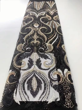Африканская кружевная ткань с бисером, 5 ярдов хрустальных бусин ручной работы для свадьбы, Высококачественная свадебная сетка с блестками, тюль, сетка 2023, Белый Дубай