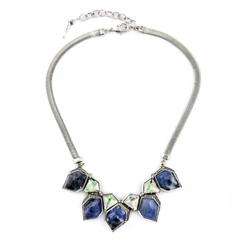 Блестящие синие Геометрические ожерелья из синтетического камня, подвески цвета античного серебра, Цветные Короткие ожерелья-ошейники оптом