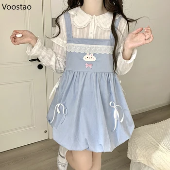 Вельветовое платье Kawaii Lolita для японских девочек с вышивкой в виде мультяшного Кролика, кружевное платье с бантом и ремешком Harajuku Sweet Без рукавов Vestido