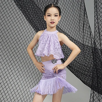 Детское платье для латиноамериканских танцев, летняя одежда для тренировок для девочек, фиолетовые кружевные топы, юбка с бахромой, танцевальный костюм для ча-ча-румбы DNV18229