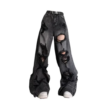 Женский потертый дизайн Ins, широкие джинсы с дырками, уличные брюки в стиле унисекс, черные прямые джинсовые брюки с высокой талией Y2K