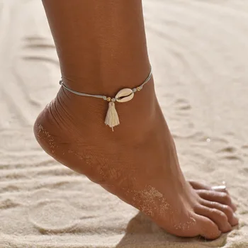 Женщины Девушки, Богемный Пляжный ножной браслет из натуральной морской раковины, браслет в стиле Бохо, Этнические Ножные браслеты ручной работы с веревочной цепочкой и кисточками
