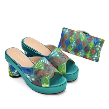 Зеленый цвет, хит продаж, Нигерийская женская обувь и сумка, дизайн со стразами для зрелых дам, вечерние туфли-лодочки