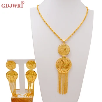 Круглое ожерелье с кисточками Золотого цвета из Дубая, Висячие серьги, Ювелирный набор Для женщин, Африканская Индийская цепочка для новобрачных, Ювелирный подарок