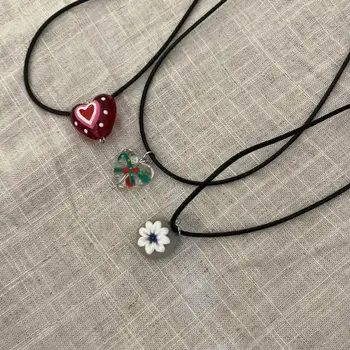 Летнее ожерелье Harajuku Sweet Cool Glass Love Heart с подвеской-сердечком, женское красочное ожерелье с цветочным сердечком для женщин, ювелирные подарки Y2k