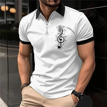 Летняя мужская одежда, рубашка-поло, уличные топы с 3D музыкальным принтом, повседневная футболка с коротким рукавом, Дышащая рубашка на молнии с лацканами 2023
