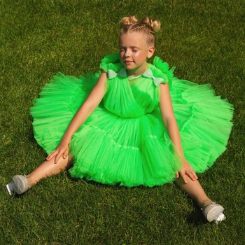 Милое зеленое летнее платье для девочек, платье принцессы для вечеринки в честь дня рождения, детское платье, свадебное платье-пачка для девочек в цветочек, пышные платья Vestidos