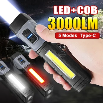 Многофункциональный фонарик мощностью 3000 люмен, белый / красный свет с боковой подсветкой, USB-перезаряжаемый фонарик, мощный магнитный портативный фонарик