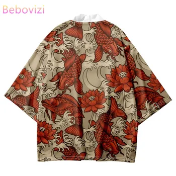 Модные Рубашки Хаори с принтом в виде рыбки и Лотоса, уличная одежда, Harajuku, Мужские и женские кардиганы, Пляжные Юката, Японское Кимоно, Большие размеры