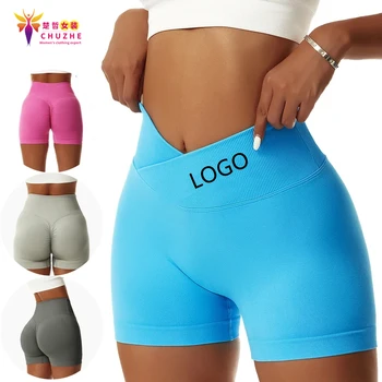 Новые женские стильные высококачественные быстросохнущие бесшовные шорты для йоги с V-образным вырезом на талии, сжимающие ягодицы