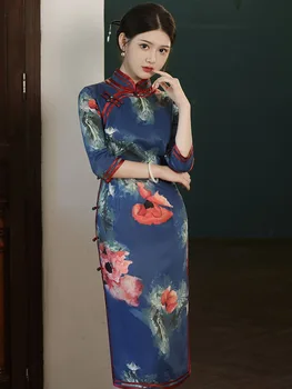 Осеннее платье Ципао из ледяного шелка средней длины с рукавами Seven Points, двухслойный Чонсам на восьми пуговицах по бокам в китайском стиле