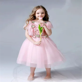 Платье с цветочным узором для девочки, Розовая многослойная аппликация из тюля, Простая свадьба с длинными рукавами, Детское бальное платье для дня рождения принцессы