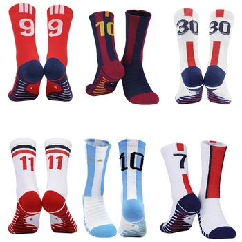 Профессиональные футбольные носки с номером, Мужские нескользящие носки, Дышащие носки с полотенцем, Оптовые Спортивные носки для звезд футбола, Мужские