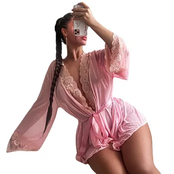 Розовая пижама с открытой спиной и сексуальным кружевом, модная ночная рубашка с галстуком, экзотические платья, ночные рубашки