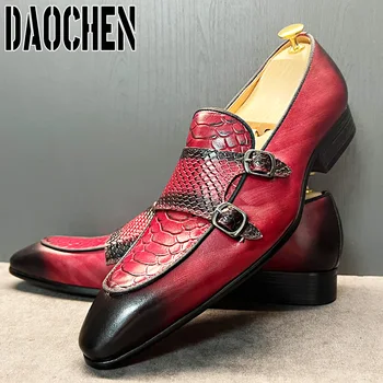 Роскошные мужские кожаные туфли с черно-красными змеиными принтами, мужские слипоны с двойным монашеским ремешком, свадебная офисная повседневная обувь для мужчин