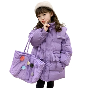 Стеганая куртка-пуховик для девочек с мешком, теплое детское пуховое хлопчатобумажное пальто с капюшоном, модная детская зимняя толстая верхняя одежда, пальто