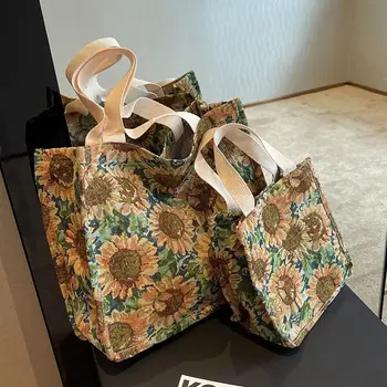 Сумки через плечо для женщин большой емкости, новинка 2023 года, Корейская холщовая сумка для поездок на работу, однотонная сумка с принтом подсолнуха, Винтажный стиль