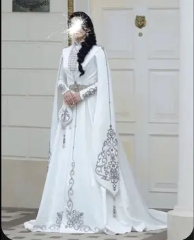 Традиционные Кавказские белые свадебные платья с серебряной вышивкой, накидка с длинными рукавами, Вечерние платья для вечеринок, Алжирский Марокканский халат
