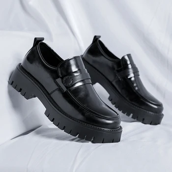 Удобная Мужская обувь на платформе и высоком каблуке Черного цвета, Мужская Официальная Офисная Кожаная Обувь, Элегантная Деловая Обувь для лифта