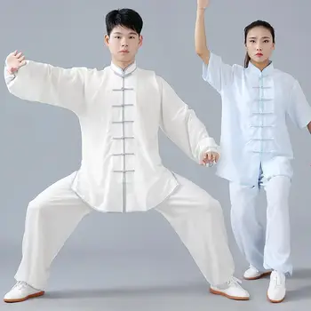 Унисекс, однотонная форма тайцзи, костюм кунг-фу с коротким рукавом, Летняя одежда для ушу, женский и мужской костюм Тан, Одежда для утренних упражнений.