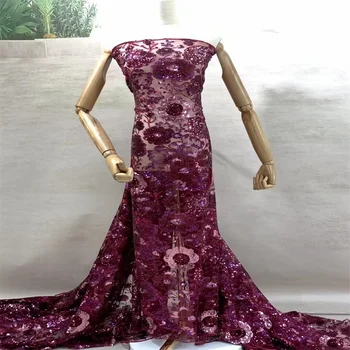 Фиолетовая Африканская тюлевая кружевная ткань с блестками 5 ярдов 2023 г. Золотые Нигерийские сетчатые кружевные ткани высокого качества для пошива свадебной ткани