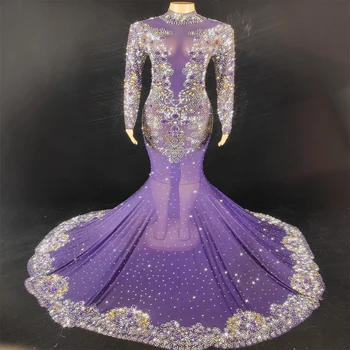Фиолетовое зеркальное платье из эластичной ткани со стразами, женское платье для празднования дня рождения, платье для танцовщицы, платье для шоу на вечеринке